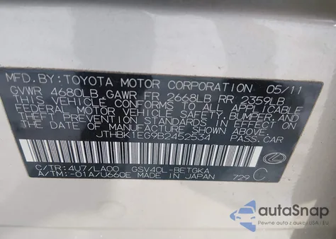 2011 Lexus Es 350 z USA, uszkodzony, nr VIN JTHBK1EG9B2452534